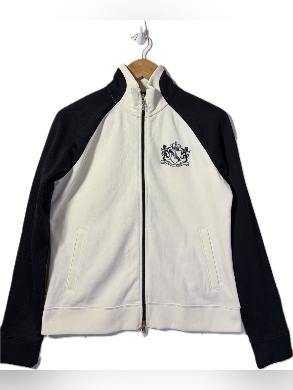 Lauren Ralph Lauren Active Track Jacket Cream Black Crest Full Zip Women M NWT